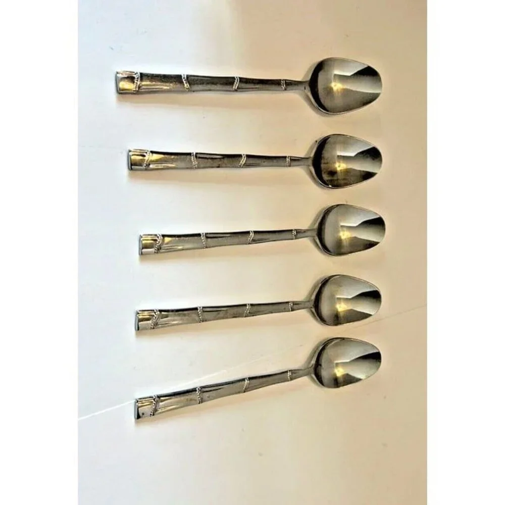 PRESENT Japan Stainless BORNES Line‎ 5 Spoons Dotted Bamboo Handle 7.5